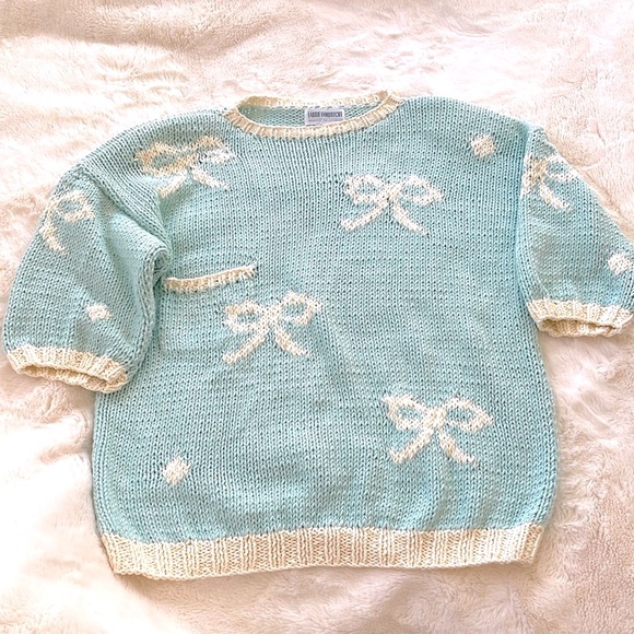 Rare Laurie Lambrecht Bow pattern padded Hand knitted sweater - Picture 1 of 6